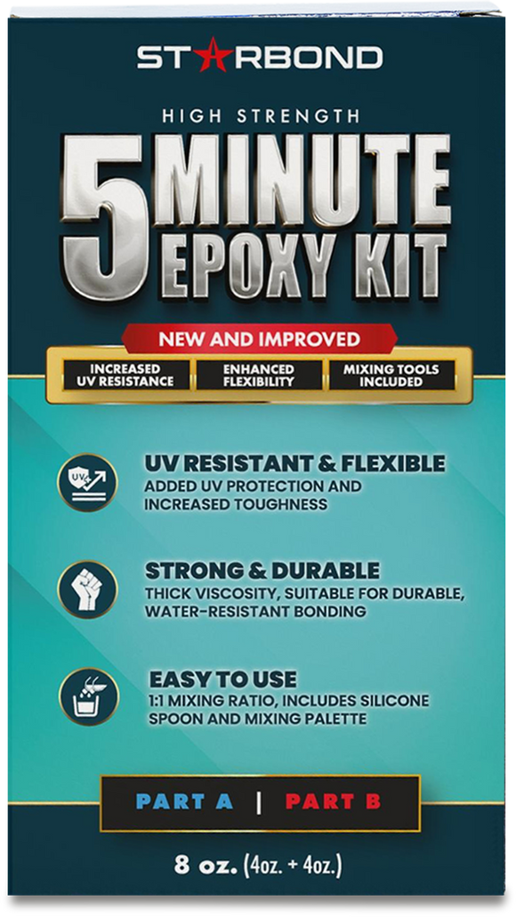 Starbond 5 Minute Epoxy Flexible-Toughened, UV-Protection Technology, Enhanced Durability Convenient Mixing Tools 2,600 lb Shear Strength, Quick Cure for Wood, Metal, 8 oz