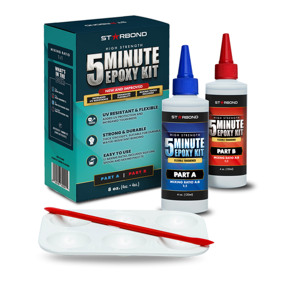 Starbond 5 Minute Epoxy Flexible-Toughened, UV-Protection Technology, Enhanced Durability Convenient Mixing Tools 2,600 lb Shear Strength, Quick Cure for Wood, Metal, 8 oz