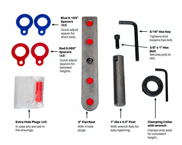 Adjustable Tool Rest with Flat Platform, Post and Clamping Collar for Wood Turning Lathe